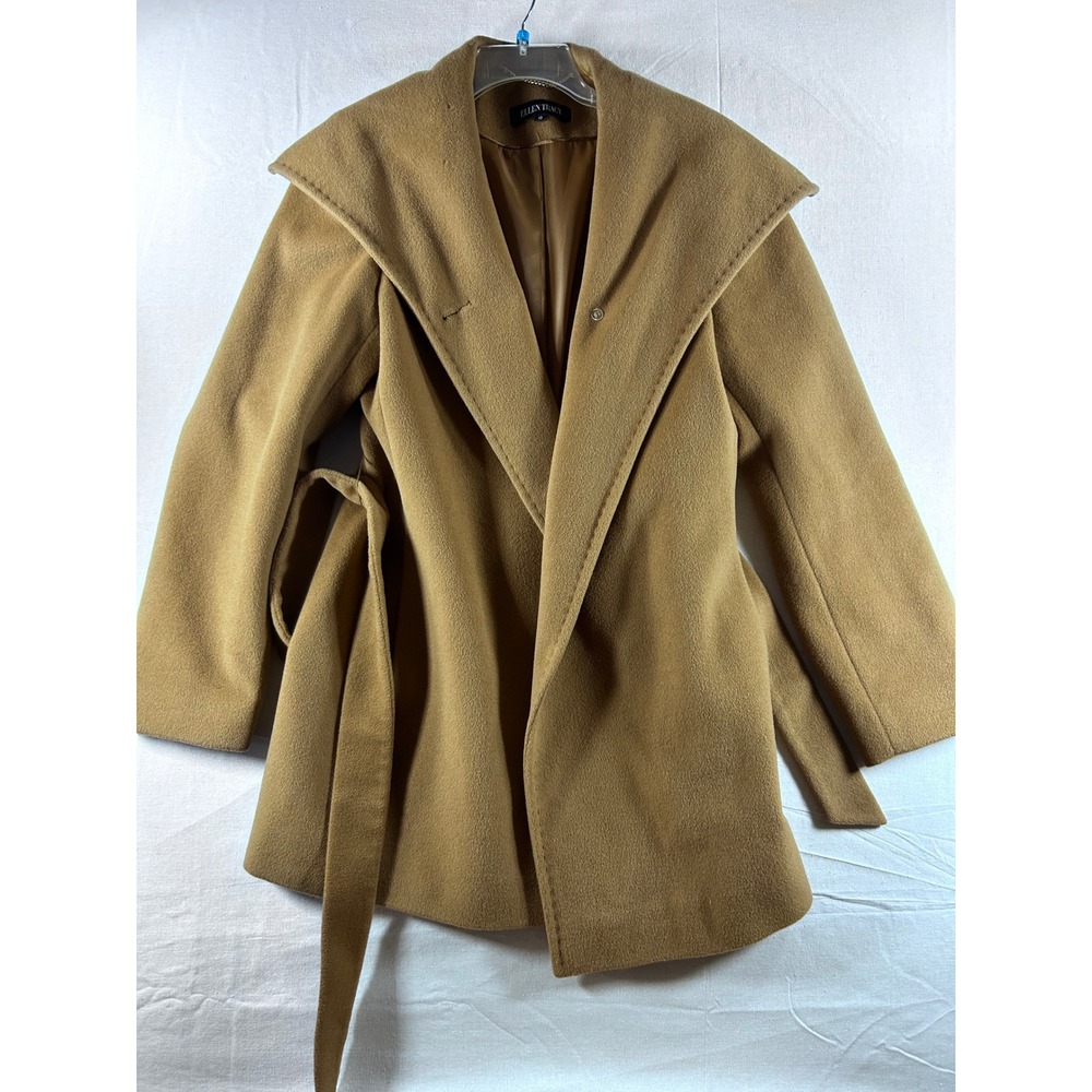 Ellen Tracy Camel Wool Angora‎ Wrap Coat Shawl Collar Belted Jacket Size 10 889M